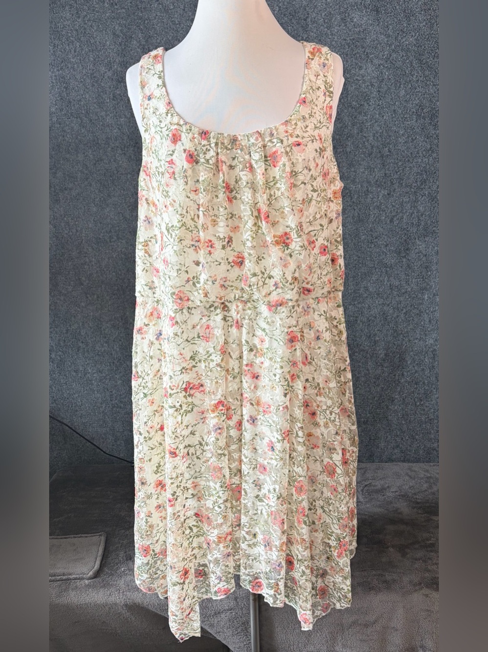 Aqua Midi Dress Womens 1X Cream Pink Floral Scoop Neck Sleeveless I177906B16X